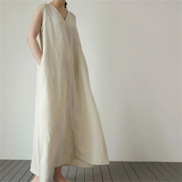 Linen Summer Maxi Dress Casual Loose Minimalist V-Neck Women - Image 3