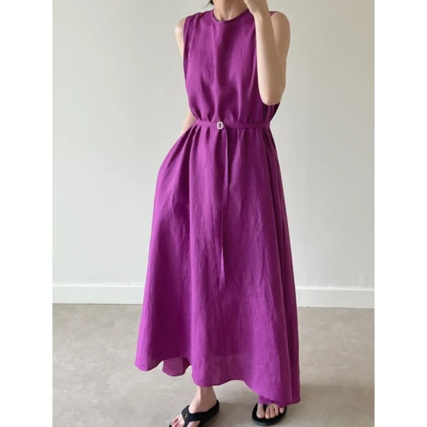 Vintage Cotton Linen Sleeveless Long Dress Casual Loose Straight Style - Image 2
