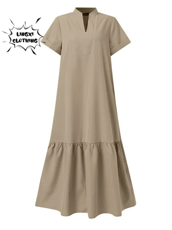 Elegant Cotton Linen V-Neck Fishtail A-Line Long Summer Dress Fashion Wear - Image 5