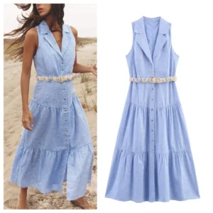 2025 Belted Linen Blend V-Neck Sleeveless European Style Dress