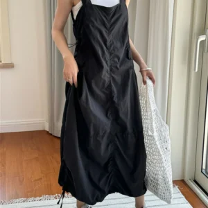 Summer Drawstring Pleated Strap Cargo Dress Sleeveless Workwear Casual Dress