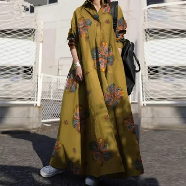 Muslim Women's Vintage Printed Cotton Linen Dress Autumn Fashion - Image 2