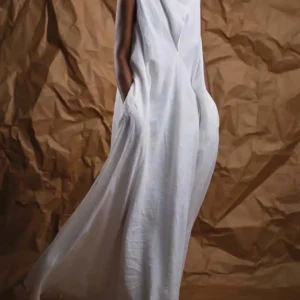 Elegant Linen Maxi Dress Women Sleeveless V Neck Casual Fashion