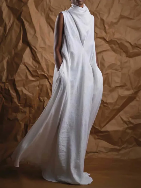 Elegant Linen Maxi Dress Women Sleeveless V Neck Casual Fashion