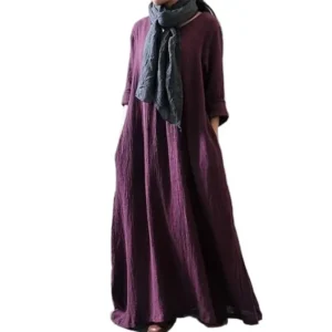 Autumn Cotton Linen Vintage Maxi Shirt Dress For Women Casual Wear