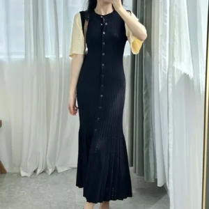 A-Line Short-Sleeved Knitted Dress French Slimming Openwork Fishtail Long Dress Women