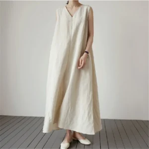 Linen Summer Maxi Dress Casual Loose Minimalist V-Neck Women