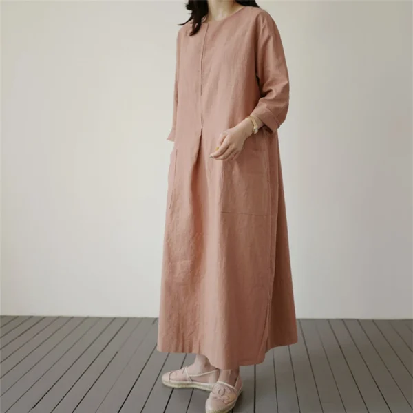 Women Cotton Linen Loose Long Dress With Pockets Summer Wear - Image 4