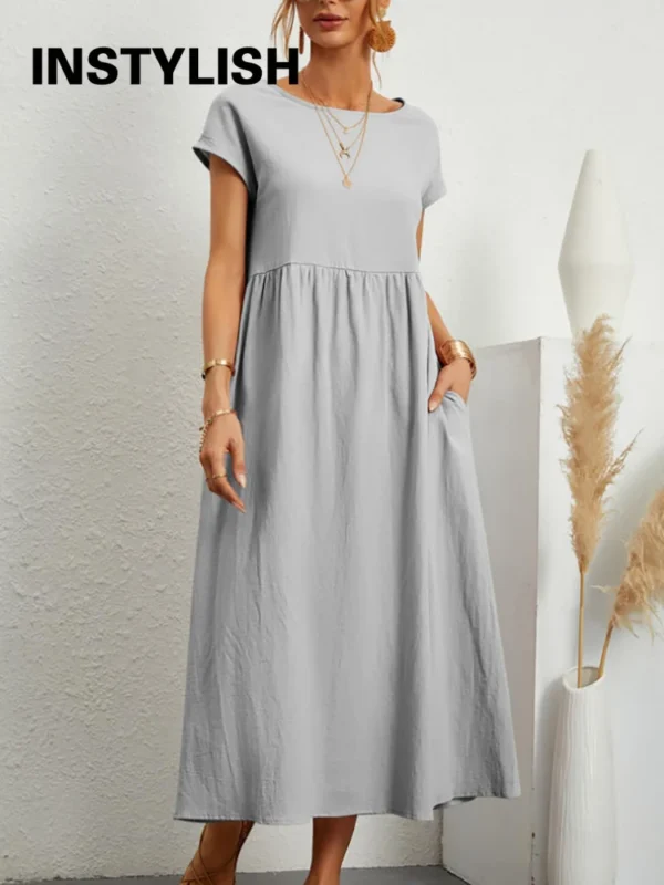 Vintage Cotton Linen Oversized Midi Dress For Summer Y2K Style - Image 6