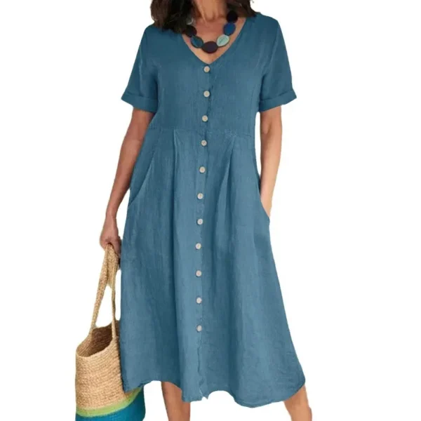 Women’s V Neck Cotton Linen Button Short Sleeve Summer Dress - Image 5
