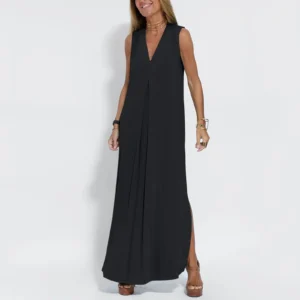 Summer Women Dresses Casual V Neck Sleeveless Solid Slit Wrap Maxi Dress