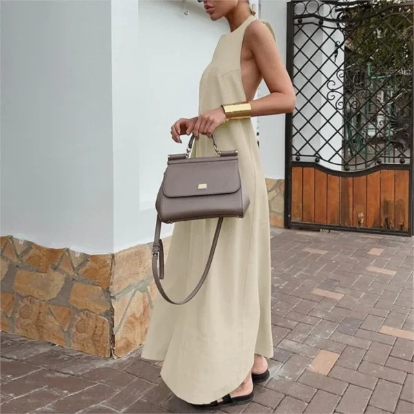French Cotton Linen Halter Neck Long Skirt Dress For Summer Vacation Wear - Image 3