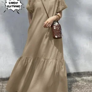 Elegant Cotton Linen V-Neck Fishtail A-Line Long Summer Dress Fashion Wear