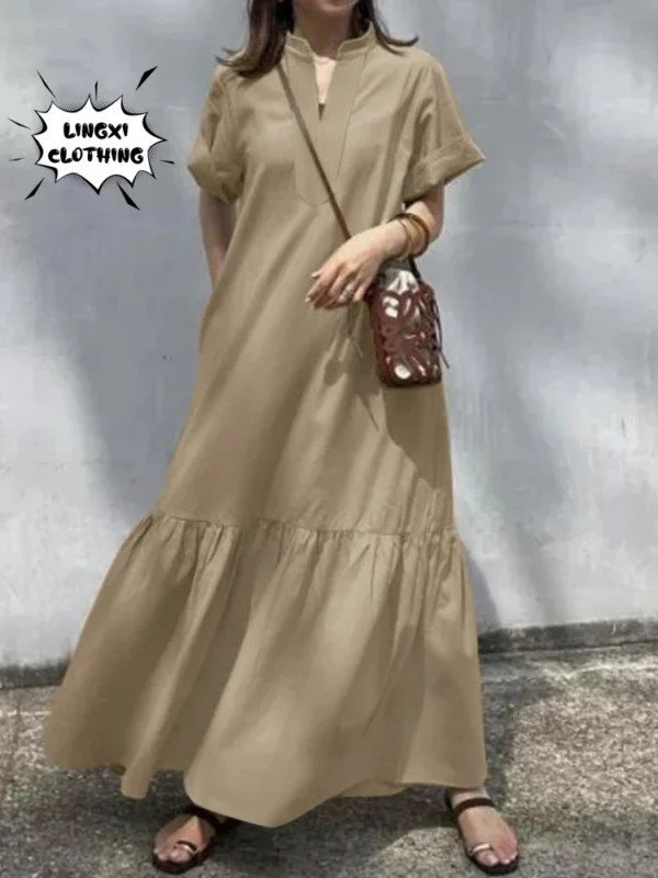Elegant Cotton Linen V-Neck Fishtail A-Line Long Summer Dress Fashion Wear