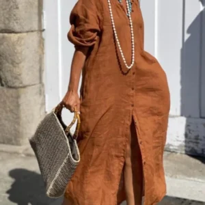 Spring Cotton Linen V-Neck White Shirt Dress Elegant Loose Long Sleeve Outfit