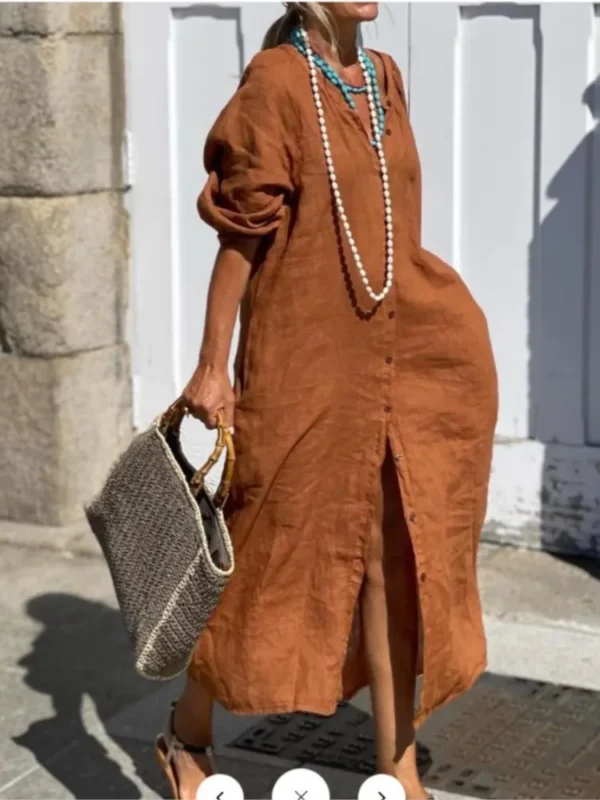 Spring Cotton Linen V-Neck White Shirt Dress Elegant Loose Long Sleeve Outfit