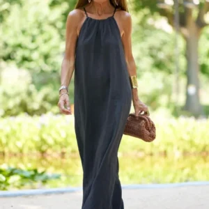 Women Halter Cotton Linen Maxi Dress Sleeveless Summer Party