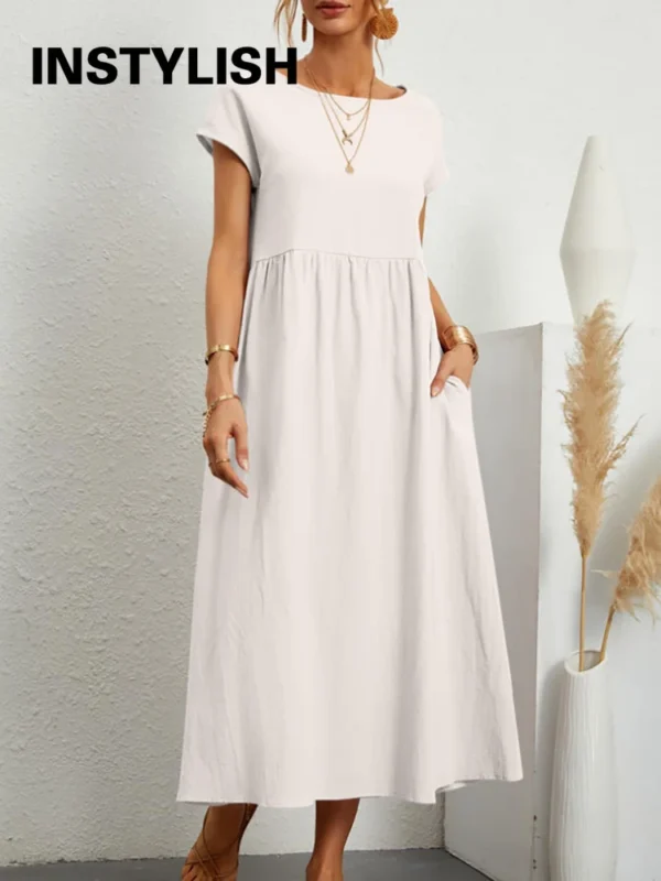 Vintage Cotton Linen Oversized Midi Dress For Summer Y2K Style - Image 4
