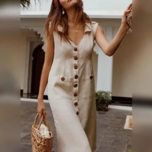 Cotton Linen Tank Dress Women Casual Loose Summer Beachwear