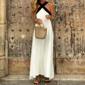 Spring Summer Strapless Cotton Linen Maxi Dress Sleeveless Simple Design