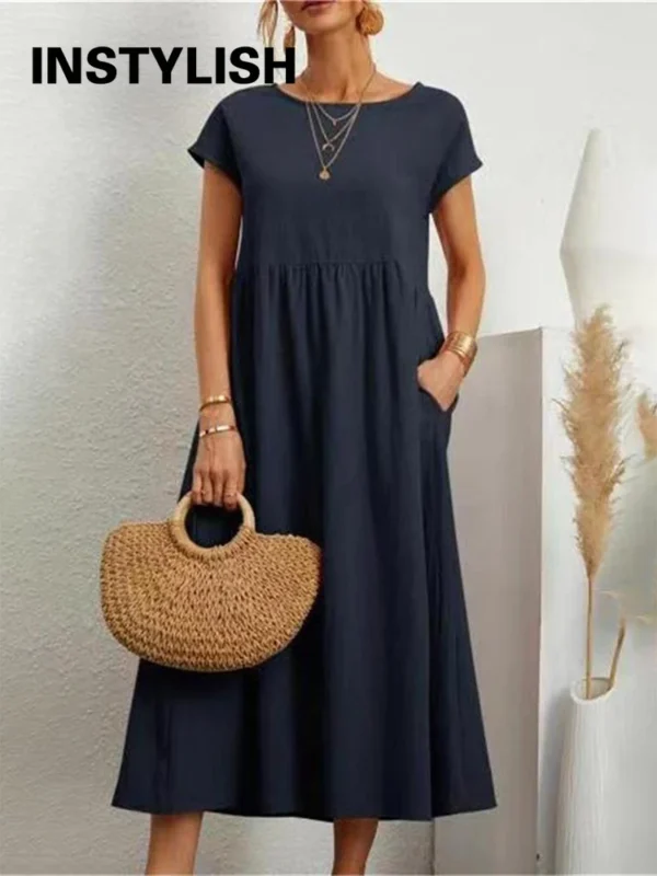 Vintage Cotton Linen Oversized Midi Dress For Summer Y2K Style - Image 2