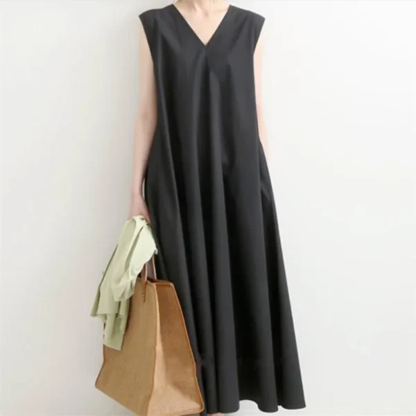 Linen Summer Maxi Dress Casual Loose Minimalist V-Neck Women - Image 5