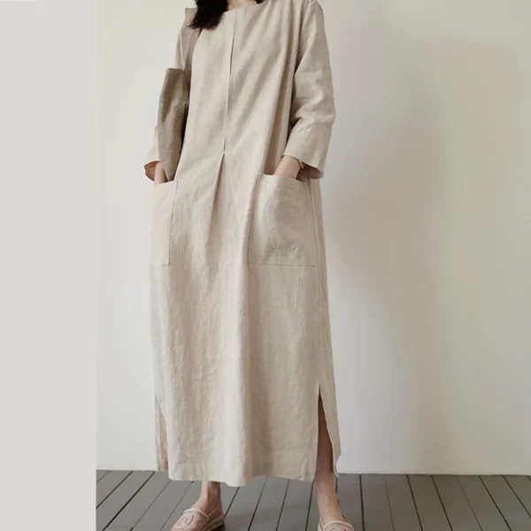 Women Cotton Linen Loose Long Dress With Pockets Summer Wear - Image 2
