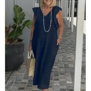 Summer Cotton Linen Strappy Back Dress Loose Elegant Long Outfit