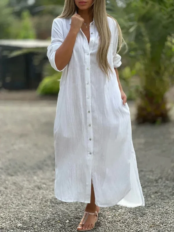 Cotton Linen Cardigan Dress Women Lapel Long Sleeve Pockets - Image 2