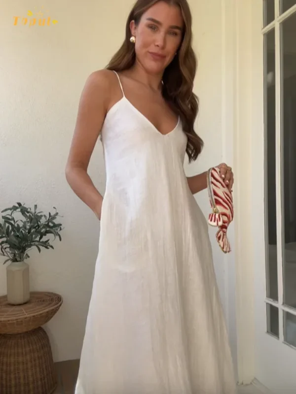 Cotton Linen Maxi Dress For Women Casual Loose Summer Party Wear
