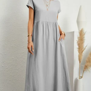 Summer Elegant O Neck Short Sleeve Cotton Linen Dresses Vintage Loose Sundress