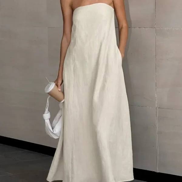 French Khaki Strapless Cotton Linen Dress Women High Waist Holiday - Image 2