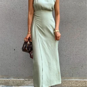 Summer Cotton Linen Sleeveless Maxi Dress Women Vintage Lace Up