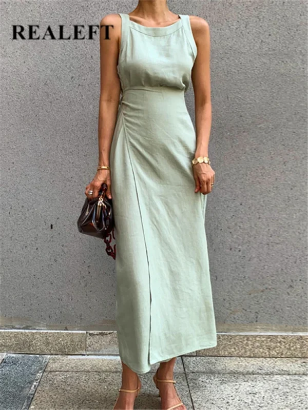 Summer Cotton Linen Sleeveless Maxi Dress Women Vintage Lace Up