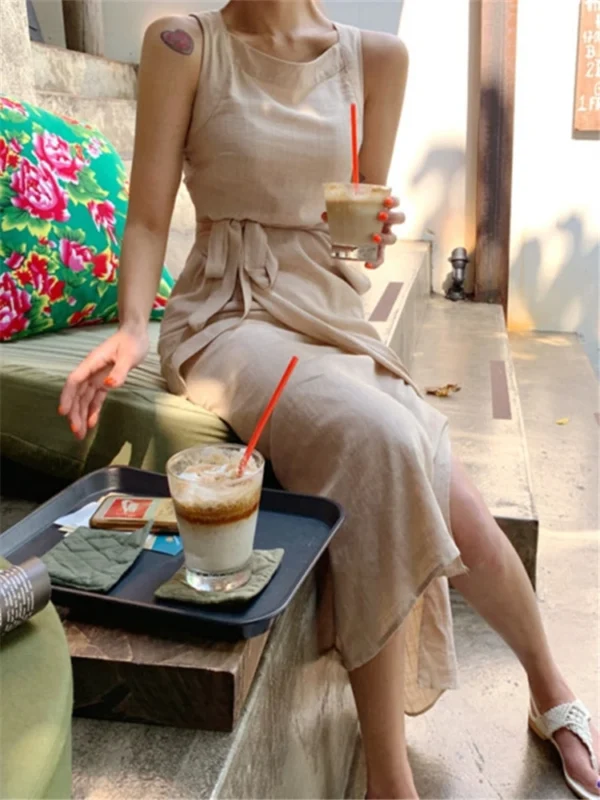 Summer Cotton Linen Sleeveless Maxi Dress Women Vintage Lace Up - Image 3