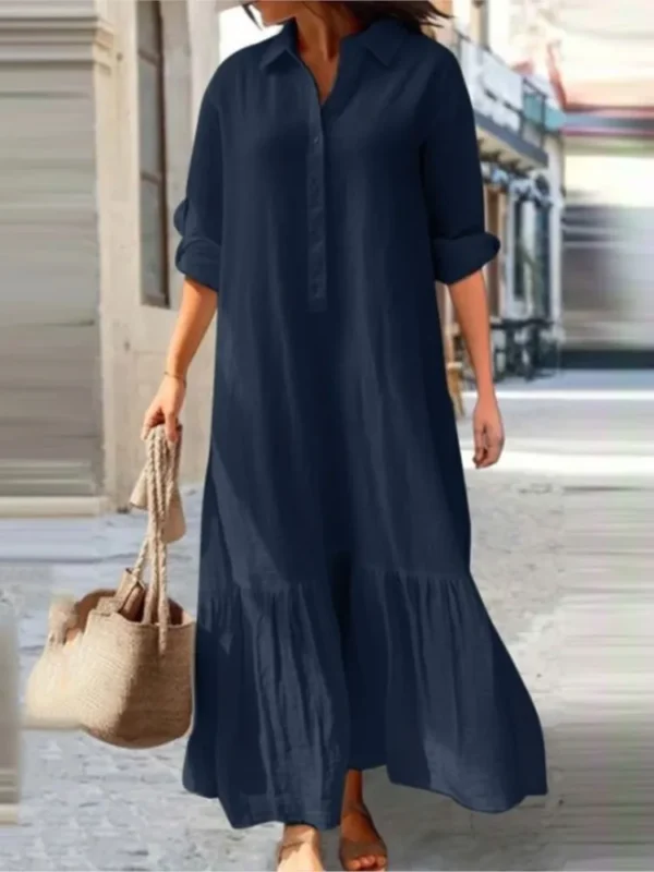 Cotton Linen Long Sleeve Dress Women Casual Loose Ruffle Shirt Style - Image 6
