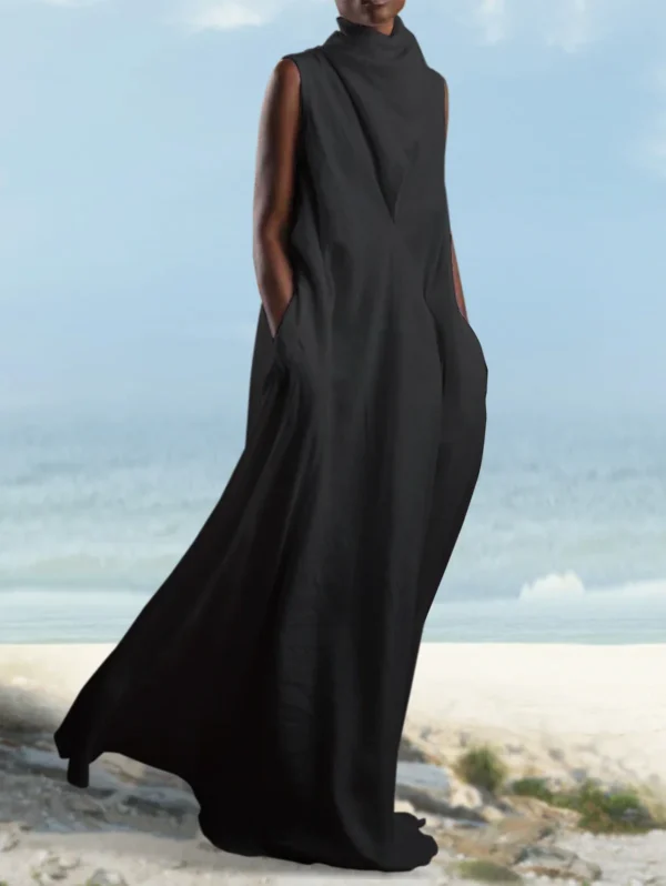 Elegant Linen Maxi Dress Women Sleeveless V Neck Casual Fashion - Image 3