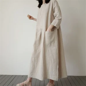 Women Cotton Linen Loose Long Dress With Pockets Summer Wear