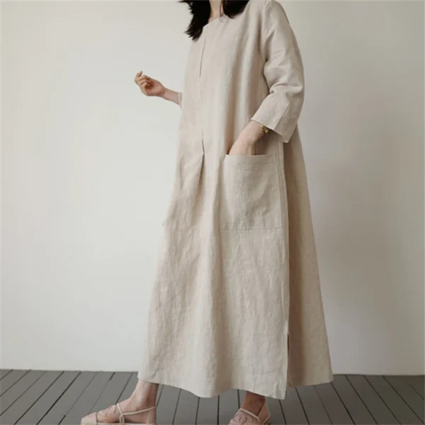 Women Cotton Linen Loose Long Dress With Pockets Summer Wear