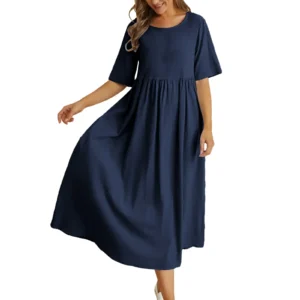 Casual Short Sleeve Patchwork Dress Loose Cotton Linen A-Line Solid Pullover Dress Women