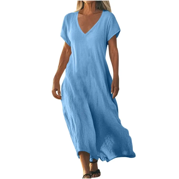 Women's Cotton Linen V-Neck Maxi Dress For Beach Holiday Wear