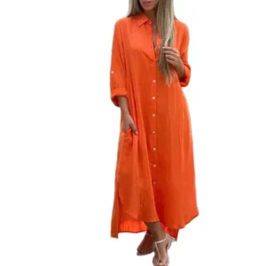 Cotton Linen Cardigan Dress Women Lapel Long Sleeve Pockets