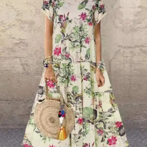 Boho Floral Print Maxi Dress Short Sleeve Loose Cotton Linen Summer Dress