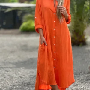 Casual Long Sleeve Cardigan Dress Cotton Hemp Shirt Long Skirt Women Fashion Dress