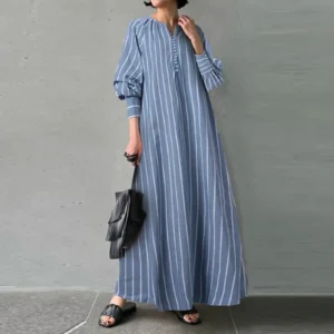 Plus Size Cotton Linen Striped Maxi Dress Women Casual Autumn Wear