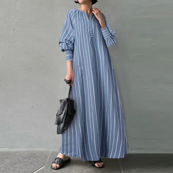 Plus Size Cotton Linen Striped Maxi Dress Women Casual Autumn Wear