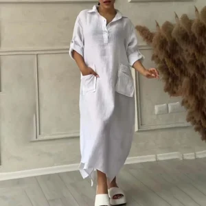 Summer Casual Loose Long Sleeve Long Dresses White Linen Maxi Dress With Pockets