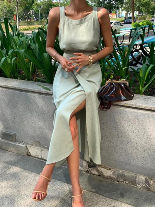 Summer Cotton Linen Sleeveless Maxi Dress Women Vintage Lace Up - Image 4
