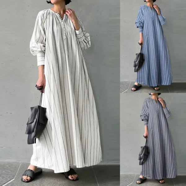 Plus Size Cotton Linen Striped Maxi Dress Women Casual Autumn Wear - Image 5