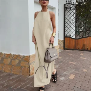 French Cotton Linen Halter Neck Long Skirt Dress For Summer Vacation Wear